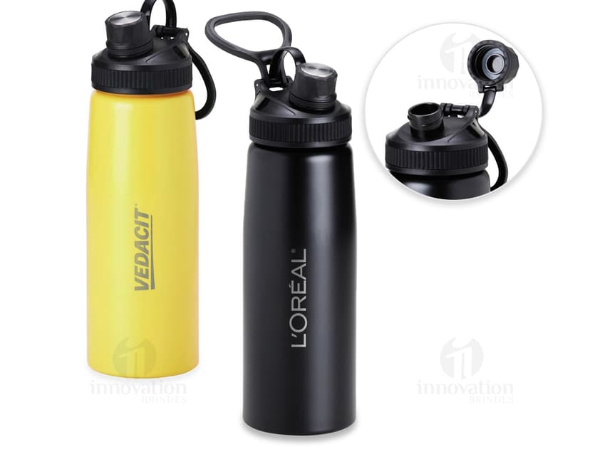 Bottle de aço inoxidável de 900ml, vazio e limpo, com tampa de rosca. Objeto metálico e prateado, fresco e saudável, indicado para armazenar líquidos.