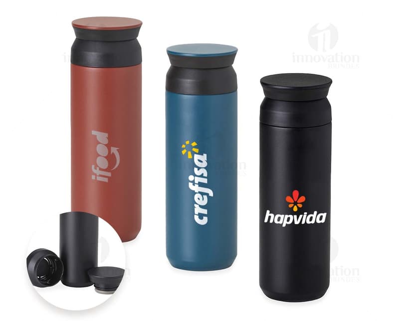 Garrafa Térmica 470ml na cor preta, com tampa rosqueável e alça para transporte.