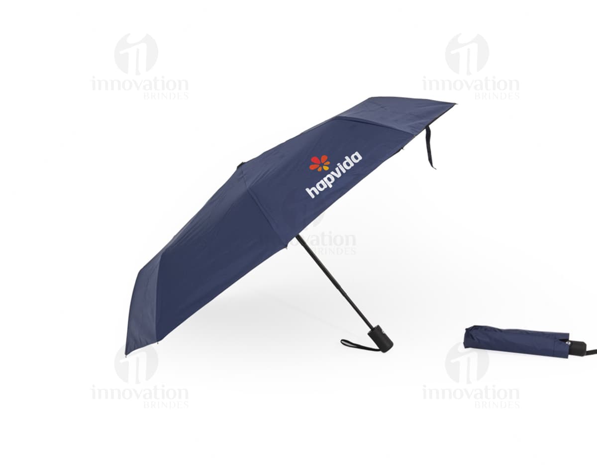 Guarda-chuva automático com proteção UV, design moderno em preto, vazado em forma de dodo, modelo 3D com espaço para mensagem ou símbolo, ideal para proteção contra chuva e raios UV, equipamento de transporte seguro e eficaz em dias chuvosos.