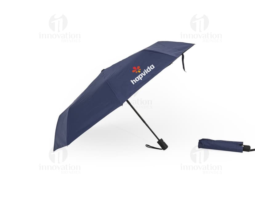 Guarda-chuva automático com proteção UV, design moderno em preto, vazado em forma de dodo, modelo 3D com espaço para mensagem ou símbolo, ideal para proteção contra chuva e raios UV, equipamento de transporte seguro e eficaz em dias chuvosos.