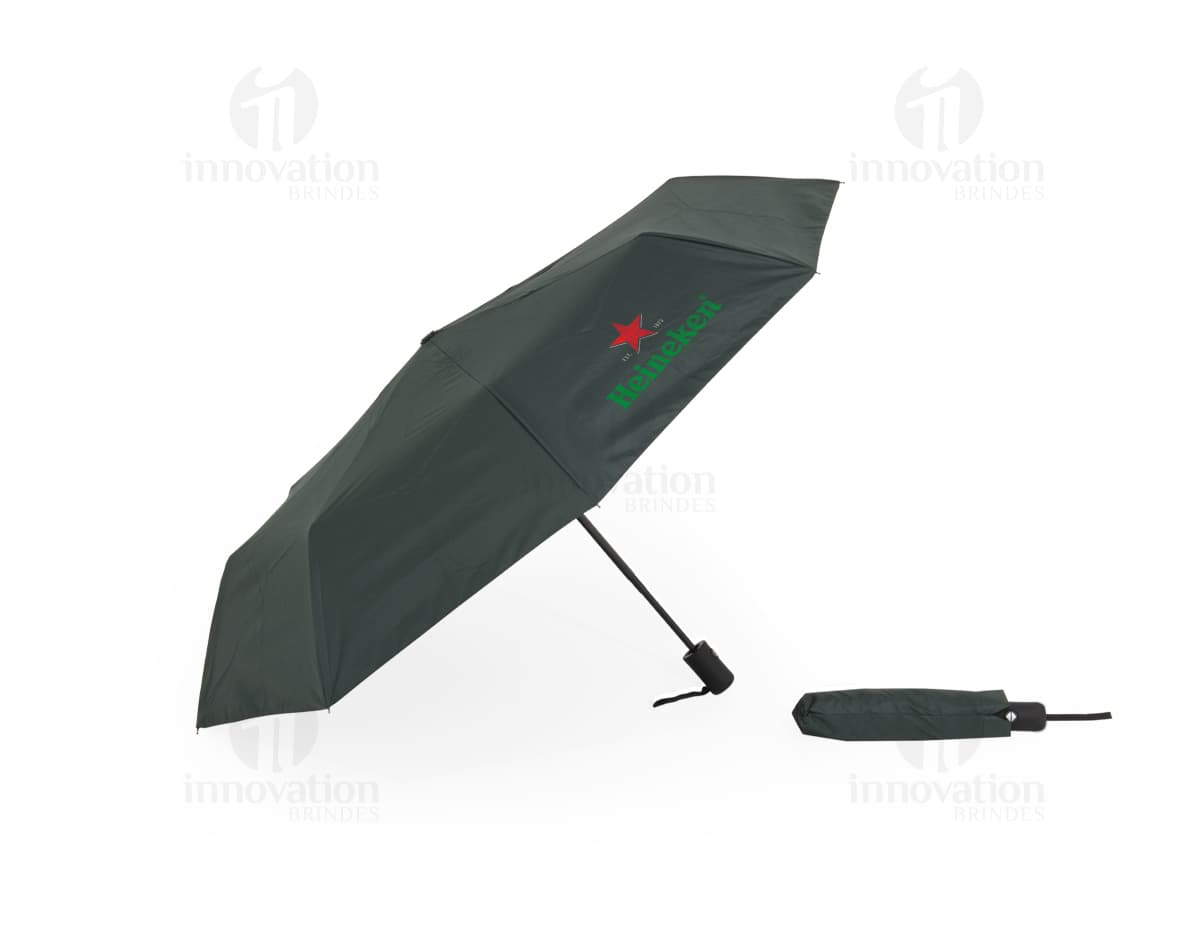 Guarda-chuva automático com proteção UV, design moderno em preto, vazado em forma de dodo, modelo 3D com espaço para mensagem ou símbolo, ideal para proteção contra chuva e raios UV, equipamento de transporte seguro e eficaz em dias chuvosos.