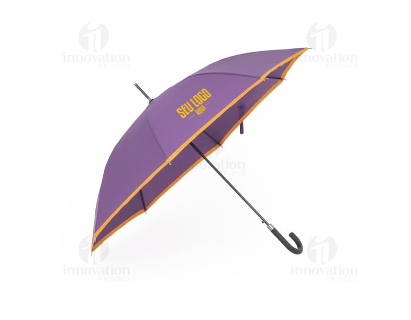 Guarda-chuva manual em poliéster com aço, design colorido em laranja e amarelo, com uma combinação de cores vibrantes. Possui uma forma única de guarda-sol com detalhes em 3D, apresentando elementos gráficos e símbolos, como um peixe-espada e uma fita arco-íris. O guarda-chuva é decorado com padrões modernos e uma asa de guarda-chuva com marcações de segurança. É um acessório ideal para proteção contra chuva e sol durante o verão, adequado para uso de pescadores, surfistas e para decoração em vários ambientes.