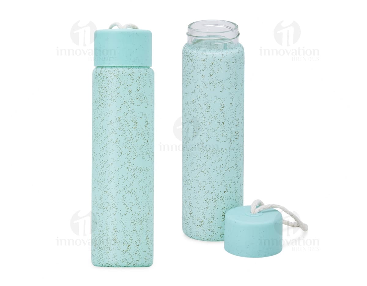 Garrafa de Vidro 330ml transparente com tampa de metal.