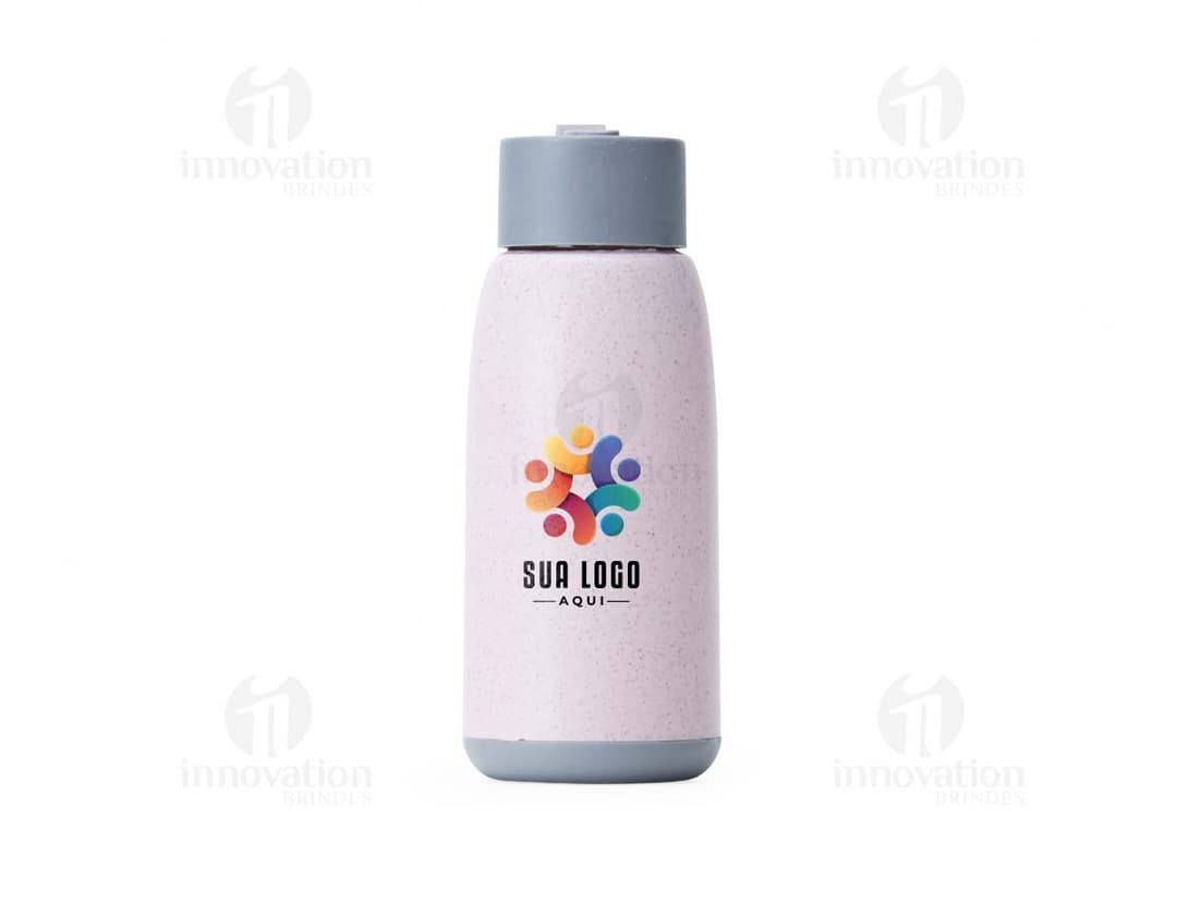Garrafa de vidro transparente de 350ml, contendo tampa de metal prateada.