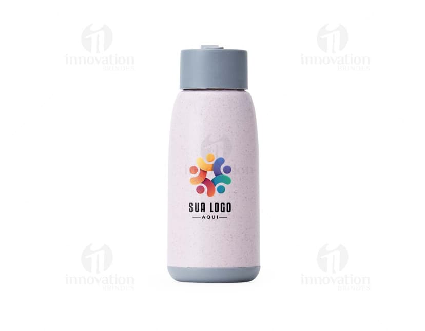 Garrafa de vidro transparente de 350ml, contendo tampa de metal prateada.