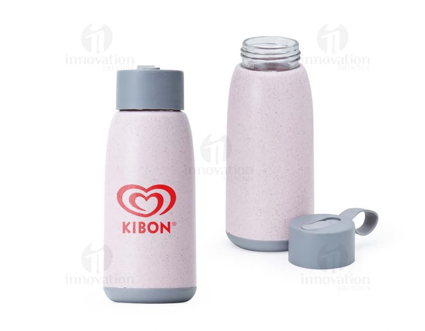 Garrafa de vidro transparente de 350ml, contendo tampa de metal prateada.