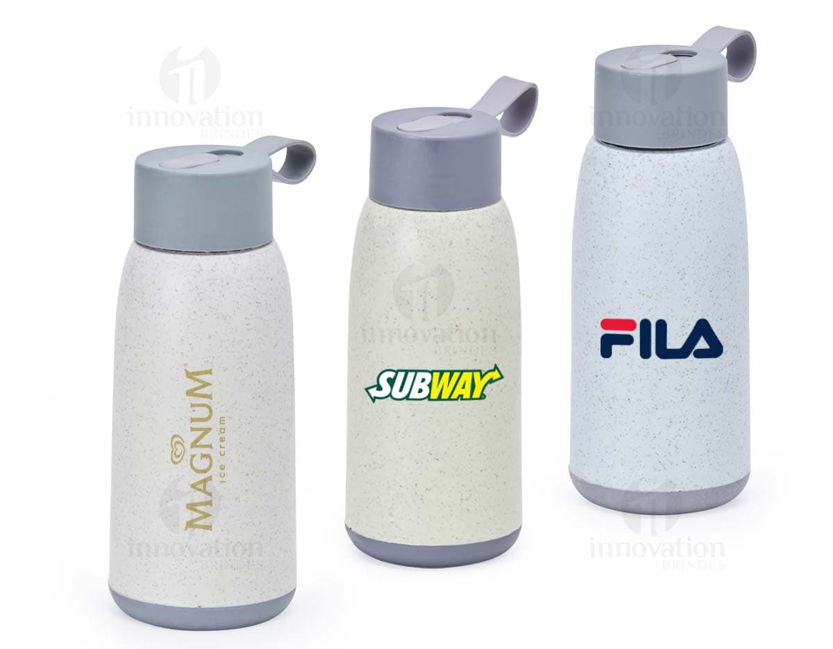 Garrafa de vidro transparente de 350ml, contendo tampa de metal prateada.