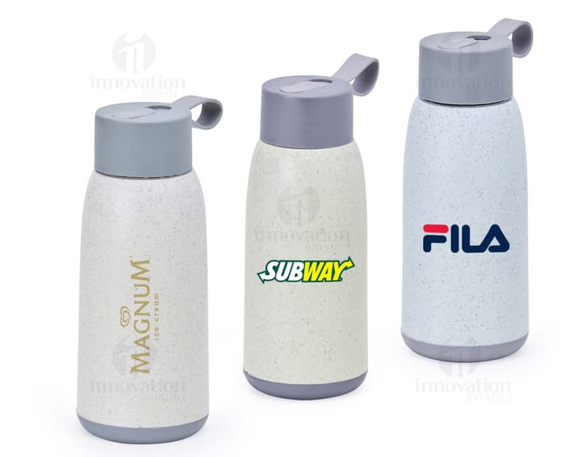 Garrafa de vidro transparente de 350ml, contendo tampa de metal prateada.