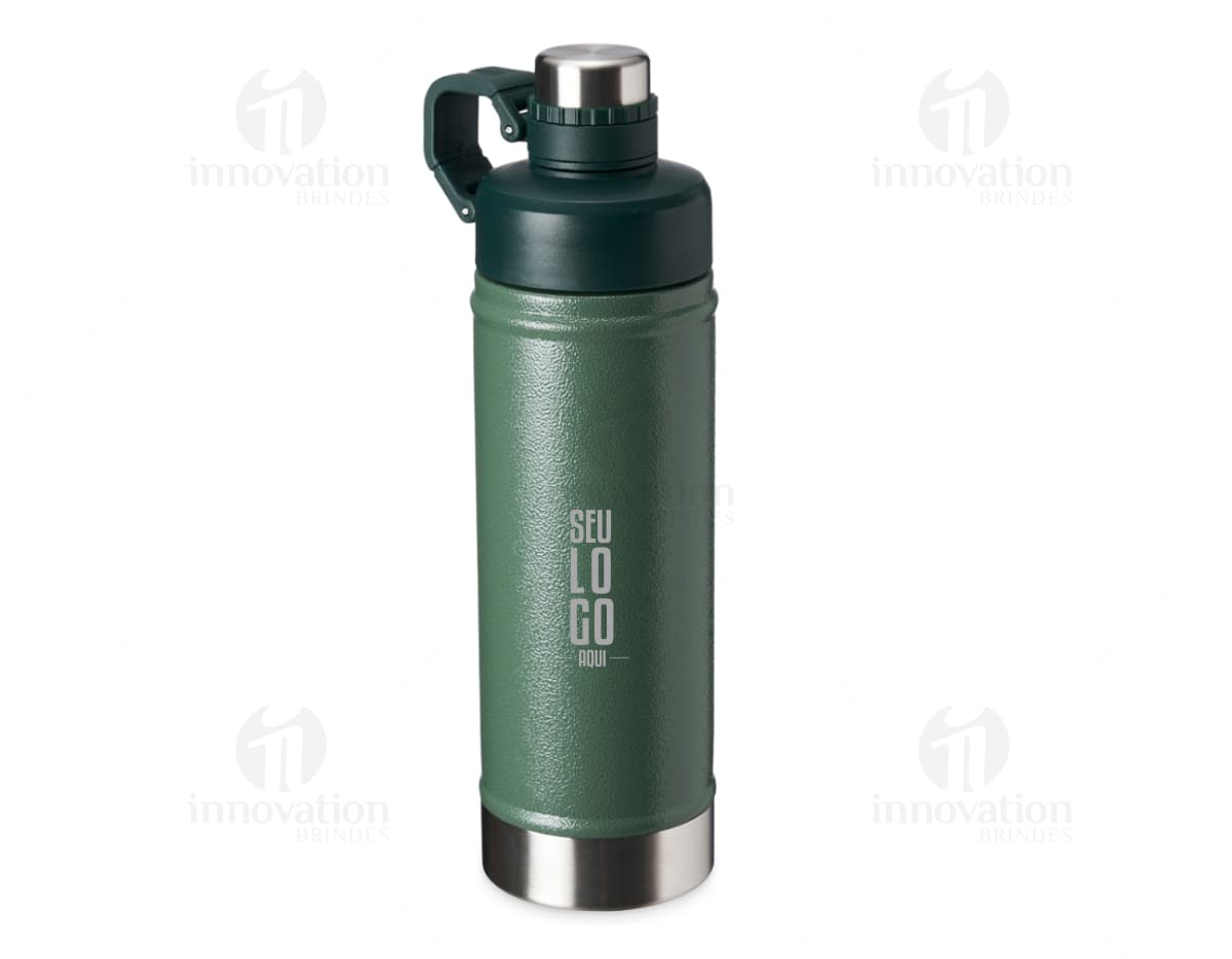 Garrafa térmica 700ml em metal prateado, moderna e profissional. Apresenta design retro e clássico, com tampa de aperto e visor de exibição. Ideal para manter líquidos quentes ou frios por longos períodos.
