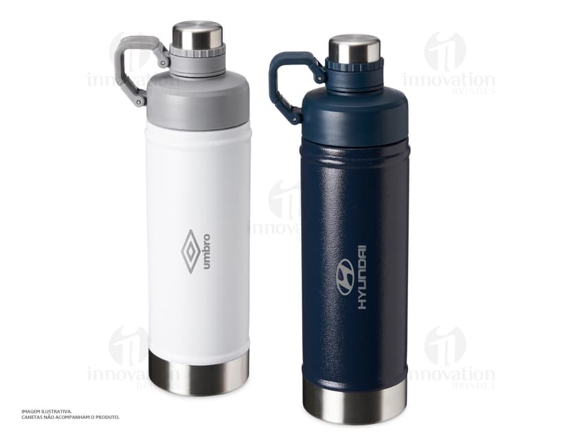 Garrafa térmica 700ml em metal prateado, moderna e profissional. Apresenta design retro e clássico, com tampa de aperto e visor de exibição. Ideal para manter líquidos quentes ou frios por longos períodos.