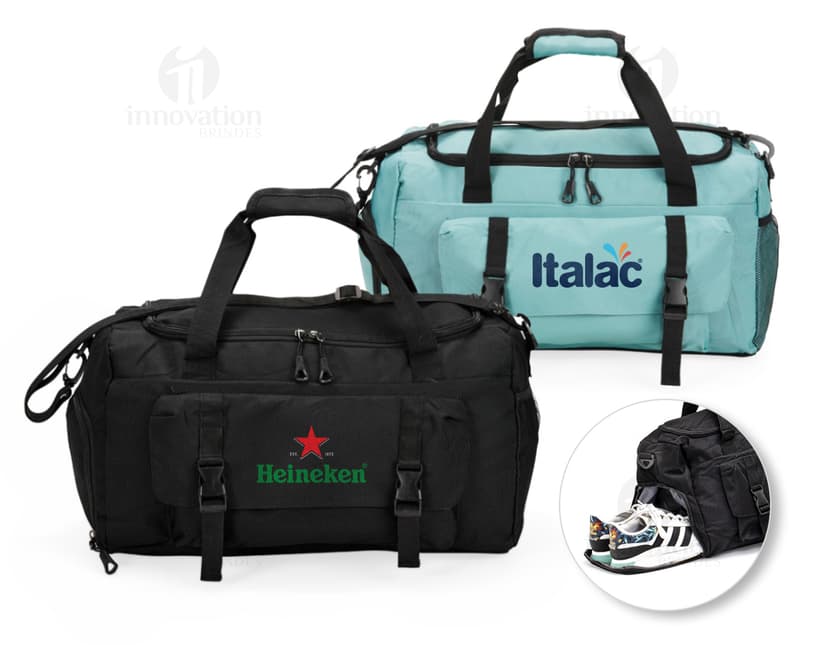 Bolsa esportiva de 39 litros em couro preto, com alça, zíper, elegante e moderna, ideal para viagens e esportes.