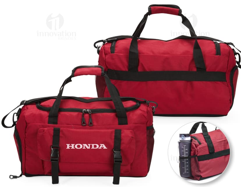 Bolsa esportiva de 39 litros em couro preto, com alça, zíper, elegante e moderna, ideal para viagens e esportes.
