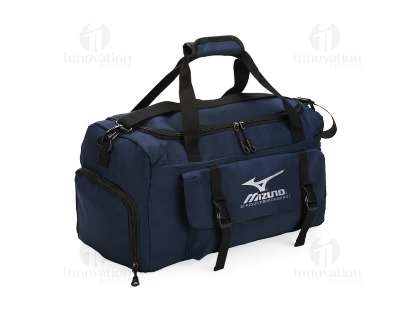 Bolsa esportiva de 39 litros em couro preto, com alça, zíper, elegante e moderna, ideal para viagens e esportes.