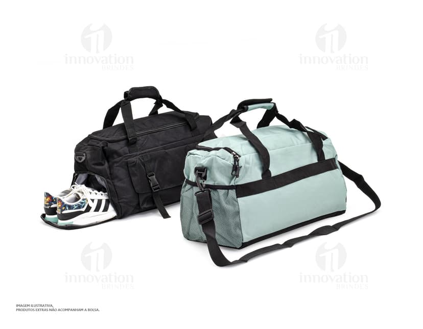 Bolsa esportiva de 39 litros em couro preto, com alça, zíper, elegante e moderna, ideal para viagens e esportes.