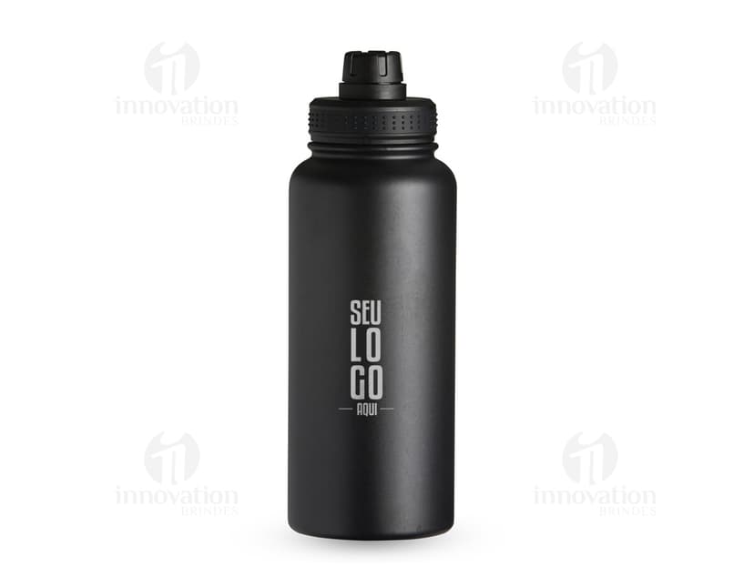 Garrafa térmica inox de 1 litro com alça plástica, ideal para armazenar líquidos de forma segura e manter a temperatura por mais tempo.
