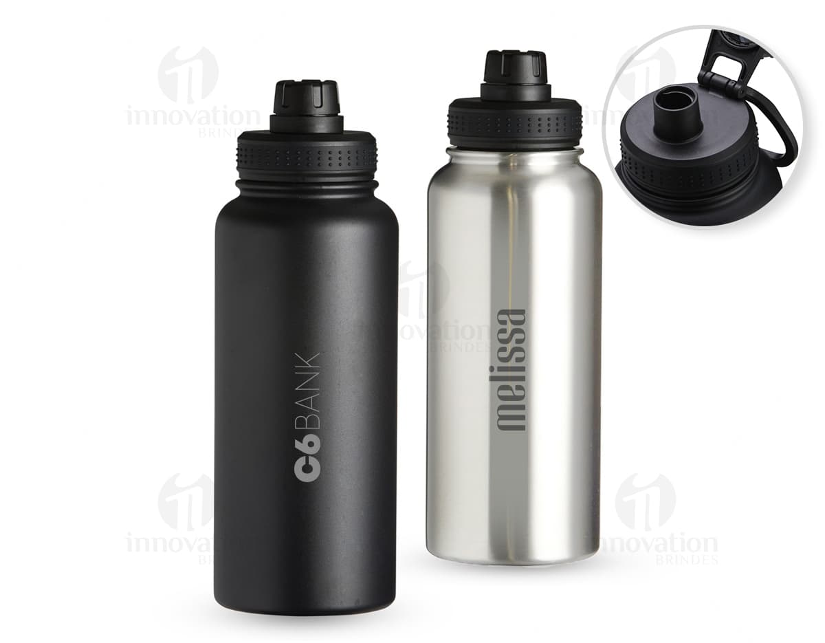 Garrafa térmica inox de 1 litro com alça plástica, ideal para armazenar líquidos de forma segura e manter a temperatura por mais tempo.