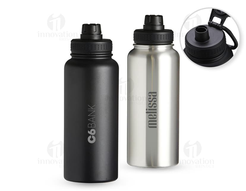 Garrafa térmica inox de 1 litro com alça plástica, ideal para armazenar líquidos de forma segura e manter a temperatura por mais tempo.