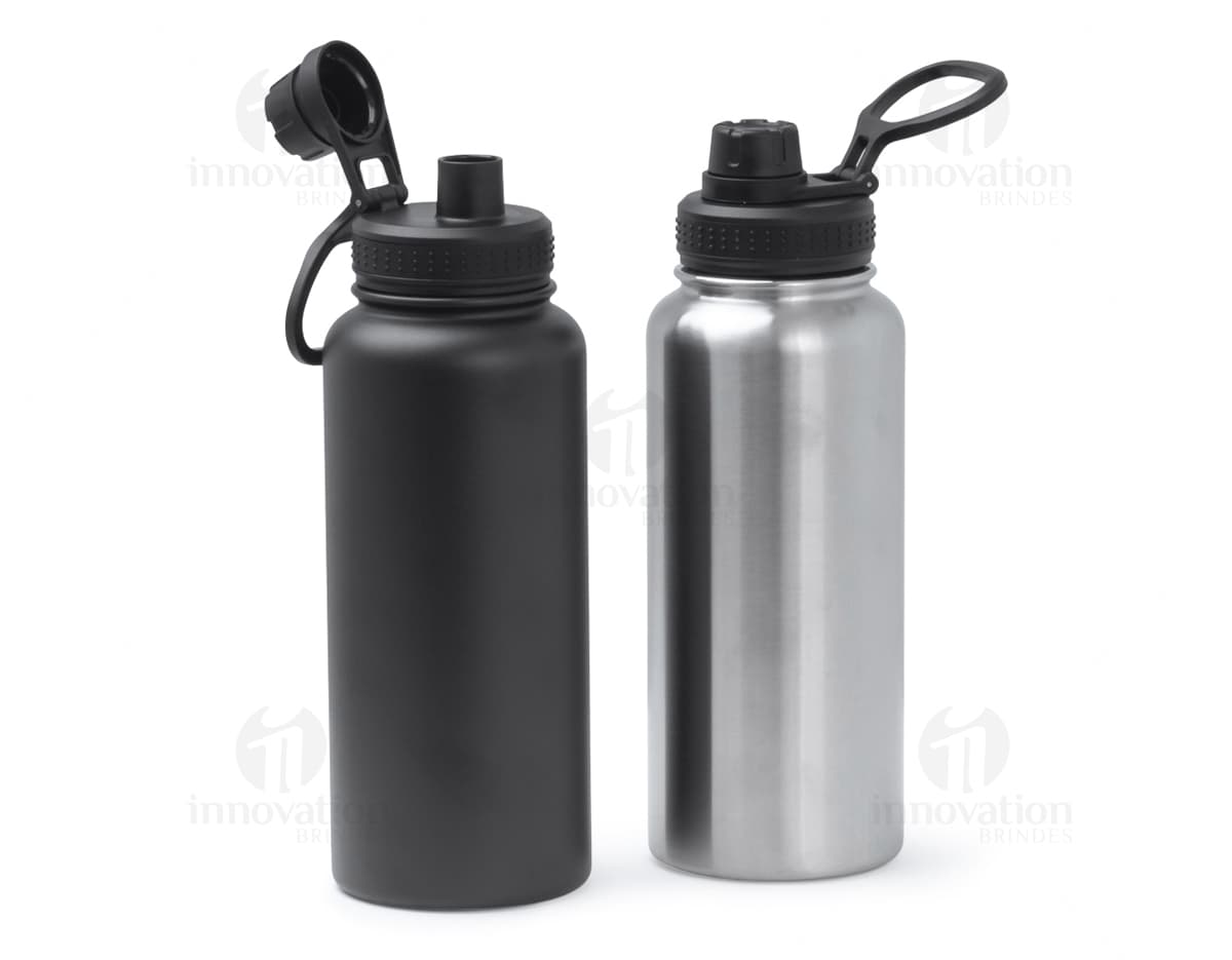 Garrafa térmica inox de 1 litro com alça plástica, ideal para armazenar líquidos de forma segura e manter a temperatura por mais tempo.