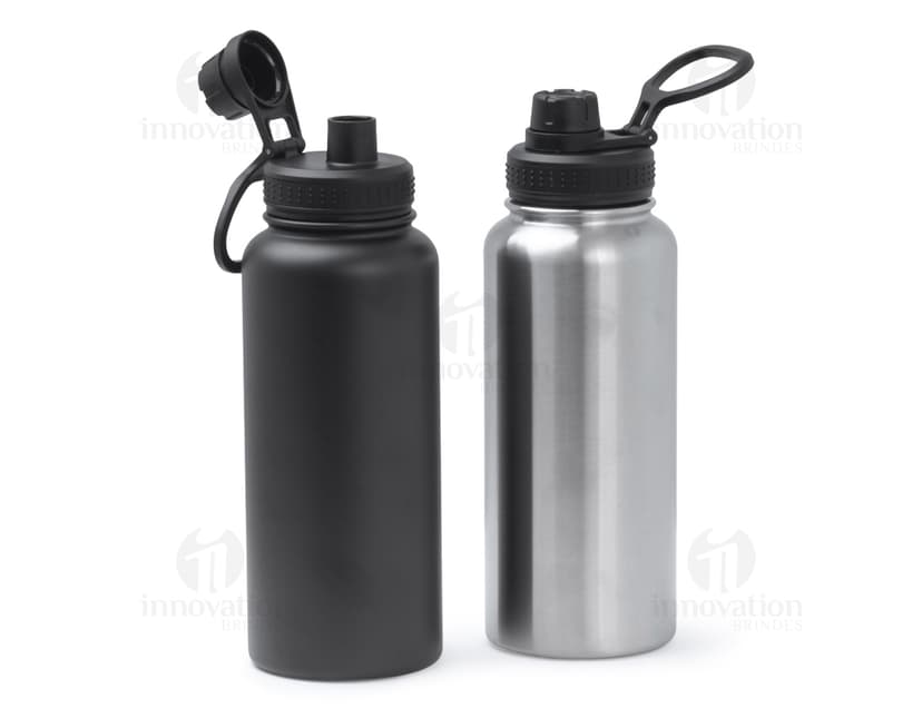 Garrafa térmica inox de 1 litro com alça plástica, ideal para armazenar líquidos de forma segura e manter a temperatura por mais tempo.