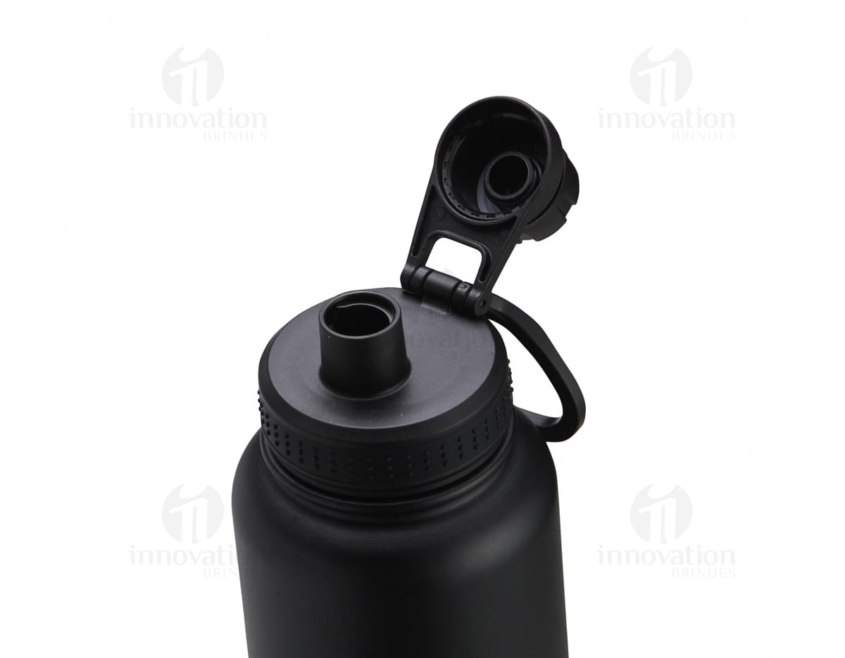 Garrafa térmica inox de 1 litro com alça plástica, ideal para armazenar líquidos de forma segura e manter a temperatura por mais tempo.