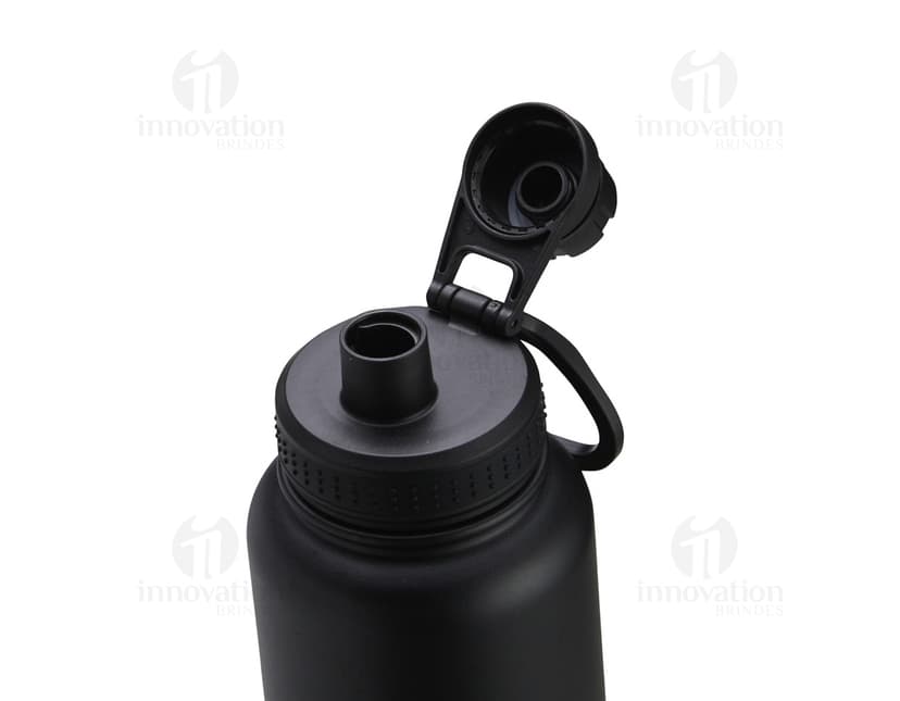 Garrafa térmica inox de 1 litro com alça plástica, ideal para armazenar líquidos de forma segura e manter a temperatura por mais tempo.