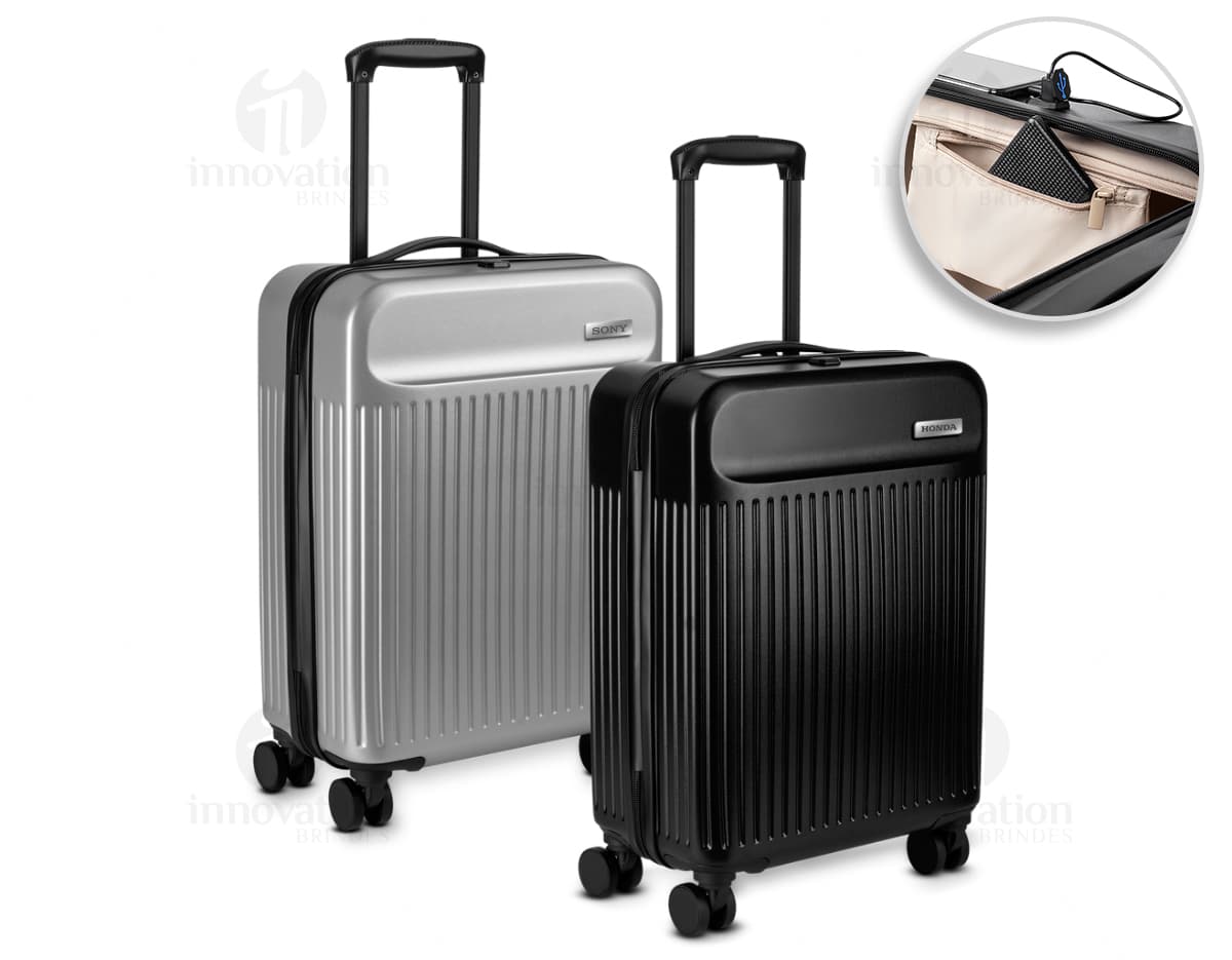 Mala de viagem ABS preta com design moderno, equipada com USB e carrinho. Ideal para transportar equipamentos e dispositivos tecnológicos.