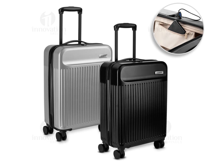 Mala de viagem ABS preta com design moderno, equipada com USB e carrinho. Ideal para transportar equipamentos e dispositivos tecnológicos.