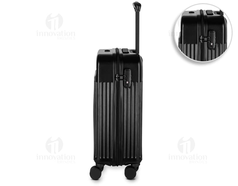 Mala de viagem ABS preta com design moderno, equipada com USB e carrinho. Ideal para transportar equipamentos e dispositivos tecnológicos.