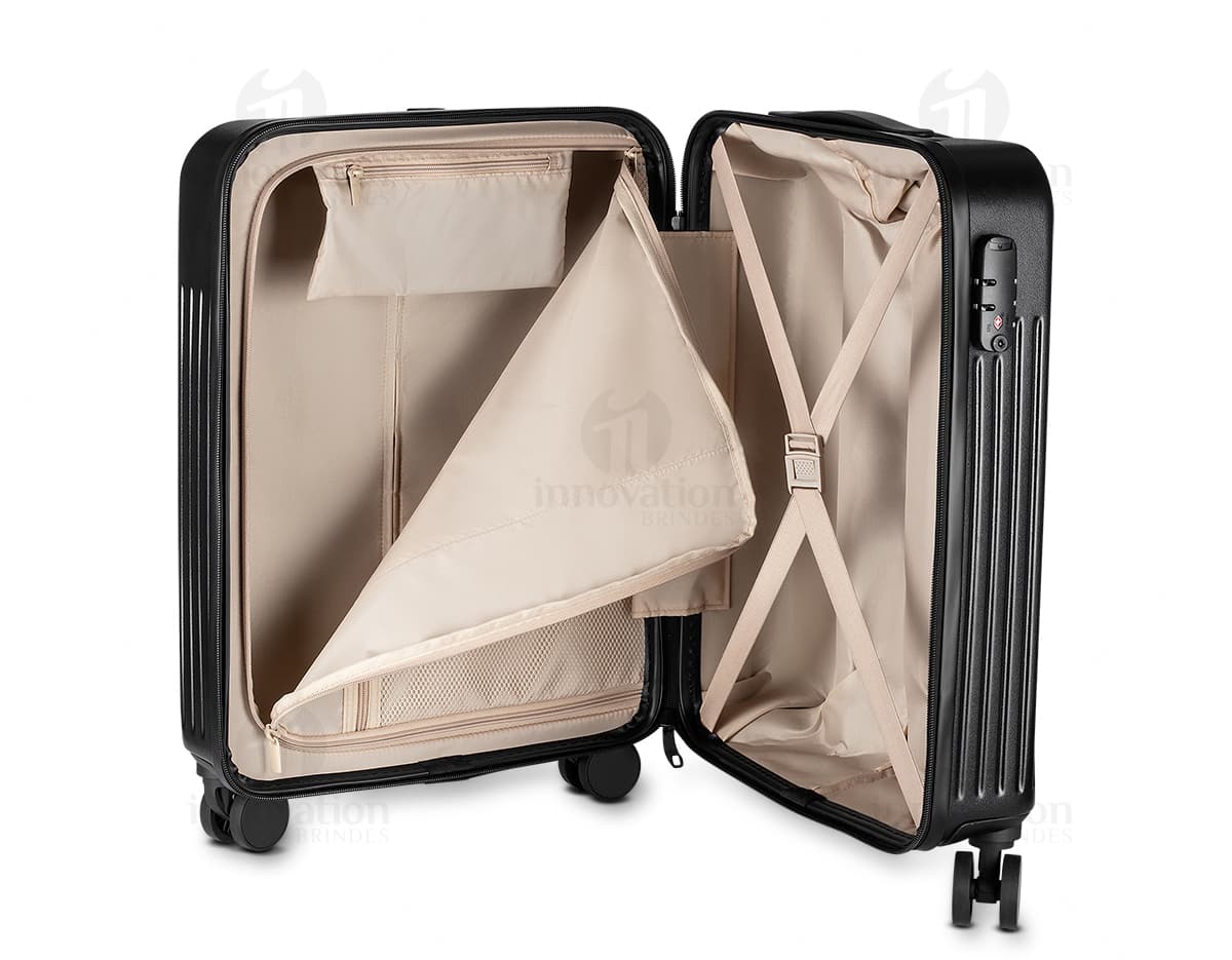 Mala de viagem ABS preta com design moderno, equipada com USB e carrinho. Ideal para transportar equipamentos e dispositivos tecnológicos.