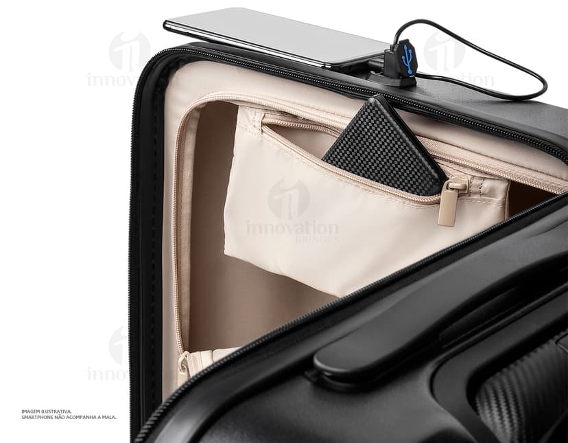 Mala de viagem ABS preta com design moderno, equipada com USB e carrinho. Ideal para transportar equipamentos e dispositivos tecnológicos.