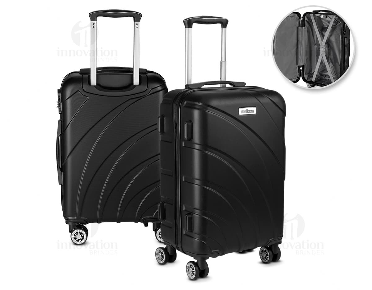 Mala de bordo feita de ABS com carrinho de aço, moderna e resistente. Ideal para viagens de negócios ou lazer, é um item de transporte seguro e prático para guardar seus pertences com segurança. A mala possui detalhes em metal e rodinhas que facilitam o seu deslocamento.