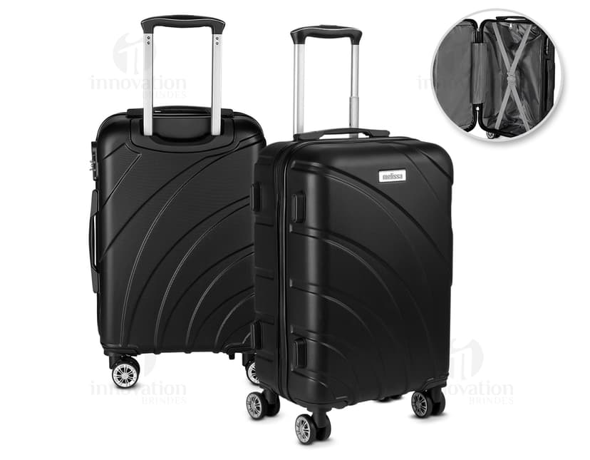 Mala de bordo feita de ABS com carrinho de aço, moderna e resistente. Ideal para viagens de negócios ou lazer, é um item de transporte seguro e prático para guardar seus pertences com segurança. A mala possui detalhes em metal e rodinhas que facilitam o seu deslocamento.