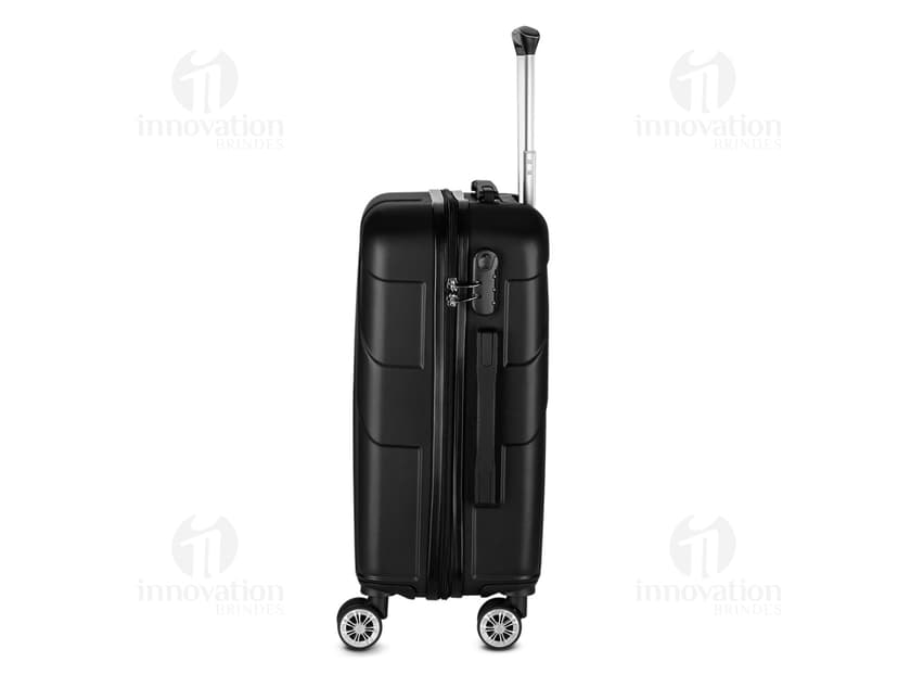 Mala de bordo feita de ABS com carrinho de aço, moderna e resistente. Ideal para viagens de negócios ou lazer, é um item de transporte seguro e prático para guardar seus pertences com segurança. A mala possui detalhes em metal e rodinhas que facilitam o seu deslocamento.
