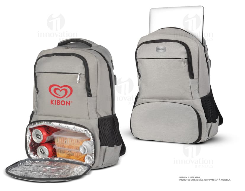 Mochila preta de couro com material reciclável e isolamento térmico, moderna e estilosa. Possui alça, zíper, bolso e espaço para armazenar objetos. Ideal para viagens, passeios e atividades esportivas.