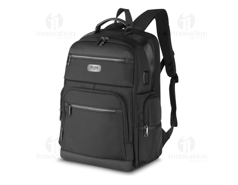 Mochila de poliéster premium para notebook, na cor preta, com alças de couro, zíper, bolsos, ideal para viagens, negócios e lazer.