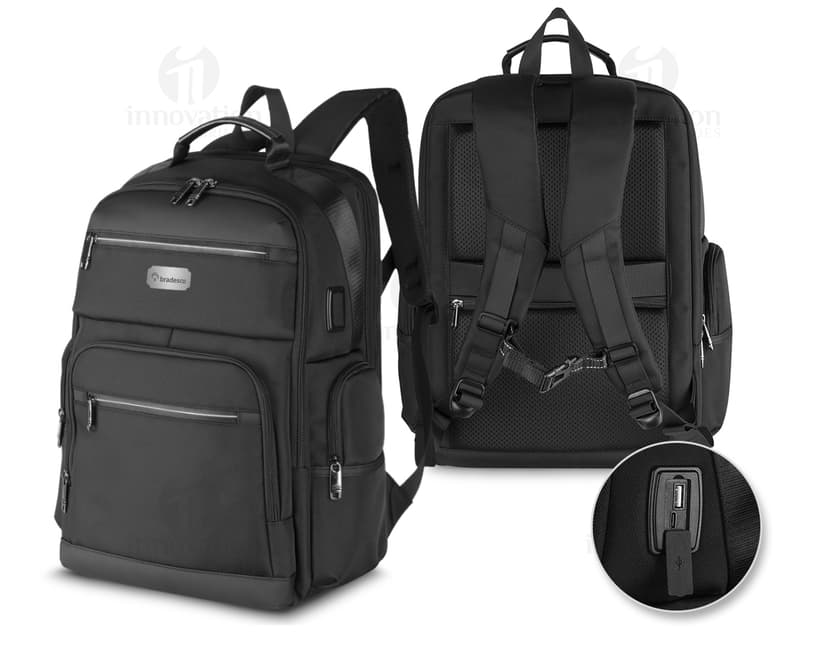Mochila de poliéster premium para notebook, na cor preta, com alças de couro, zíper, bolsos, ideal para viagens, negócios e lazer.