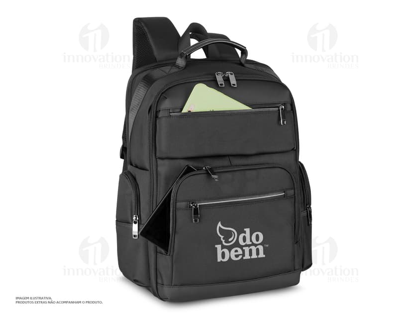 Mochila de poliéster premium para notebook, na cor preta, com alças de couro, zíper, bolsos, ideal para viagens, negócios e lazer.