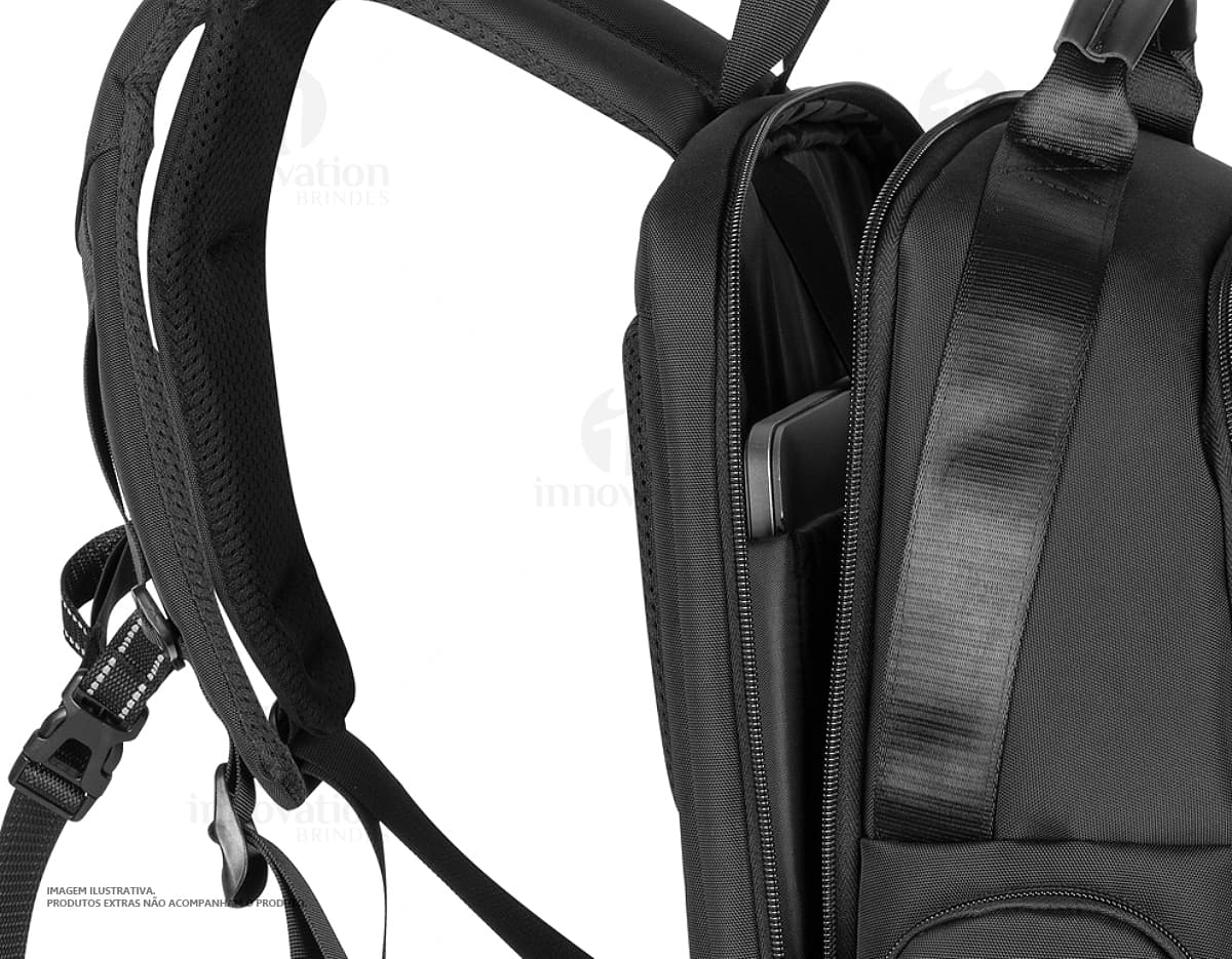 Mochila de poliéster premium para notebook, na cor preta, com alças de couro, zíper, bolsos, ideal para viagens, negócios e lazer.