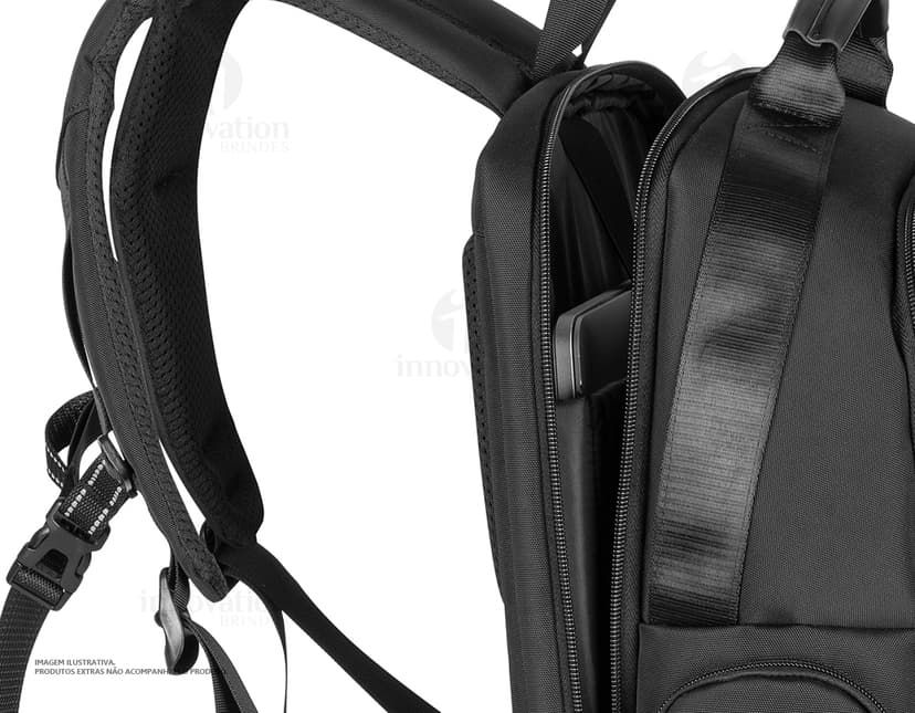 Mochila de poliéster premium para notebook, na cor preta, com alças de couro, zíper, bolsos, ideal para viagens, negócios e lazer.