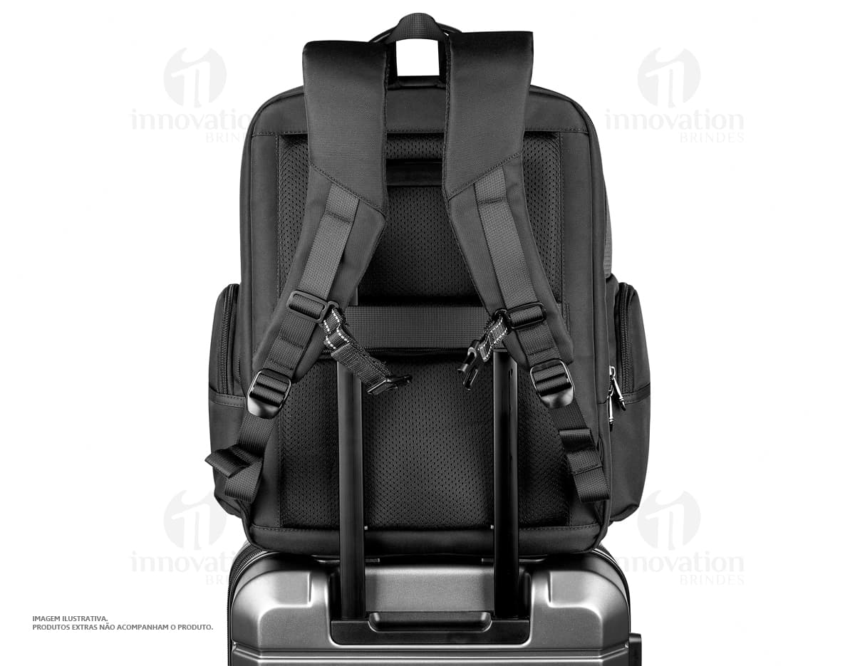 Mochila de poliéster premium para notebook, na cor preta, com alças de couro, zíper, bolsos, ideal para viagens, negócios e lazer.