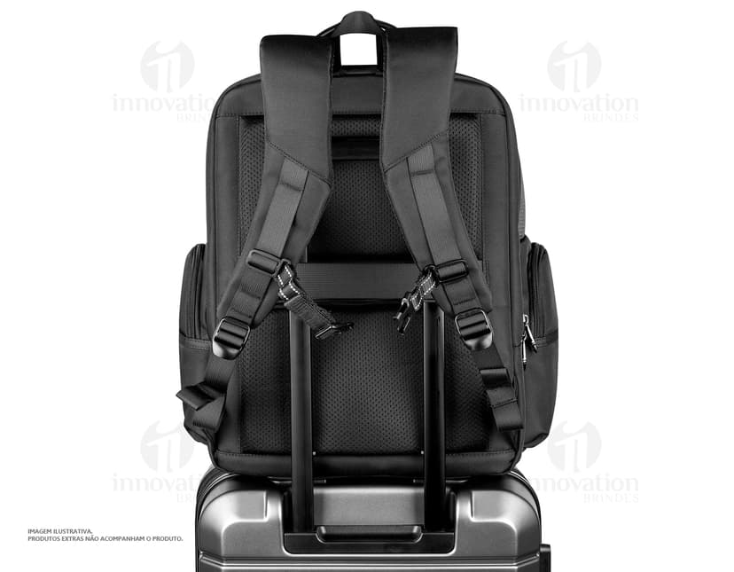 Mochila de poliéster premium para notebook, na cor preta, com alças de couro, zíper, bolsos, ideal para viagens, negócios e lazer.