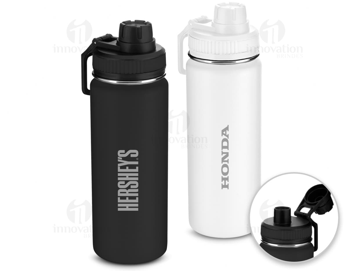 Garrafa de aço inoxidável de 570ml, contendo líquido. Objeto de higiene pessoal, limpo e de metal brilhante. Possui tampa e design transparente.