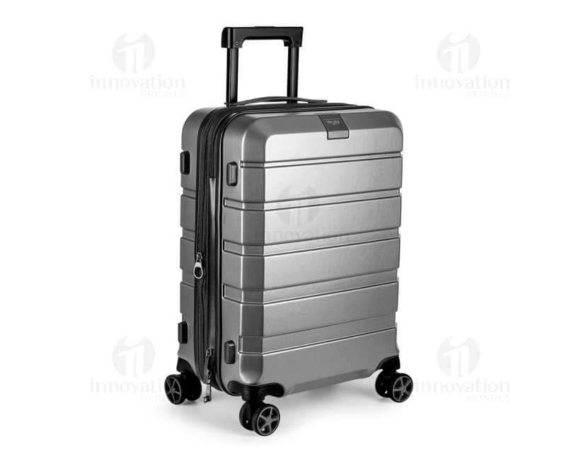 Mala de bordo de policarbonato com carrinho, feita de metal e plástico, moderna e resistente para viagens de negócios.