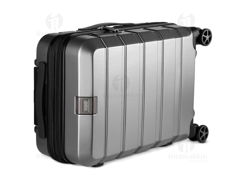 Mala de bordo de policarbonato com carrinho, feita de metal e plástico, moderna e resistente para viagens de negócios.