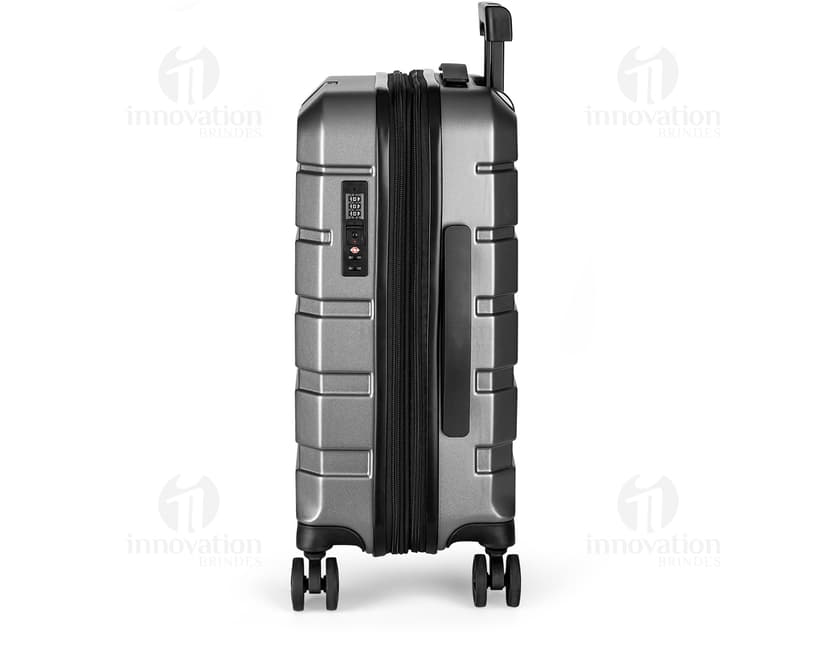 Mala de bordo de policarbonato com carrinho, feita de metal e plástico, moderna e resistente para viagens de negócios.