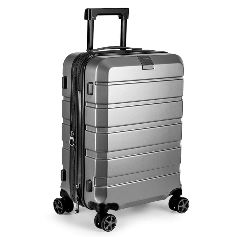 Mala de bordo de policarbonato com carrinho, feita de metal e plástico, moderna e resistente para viagens de negócios.
