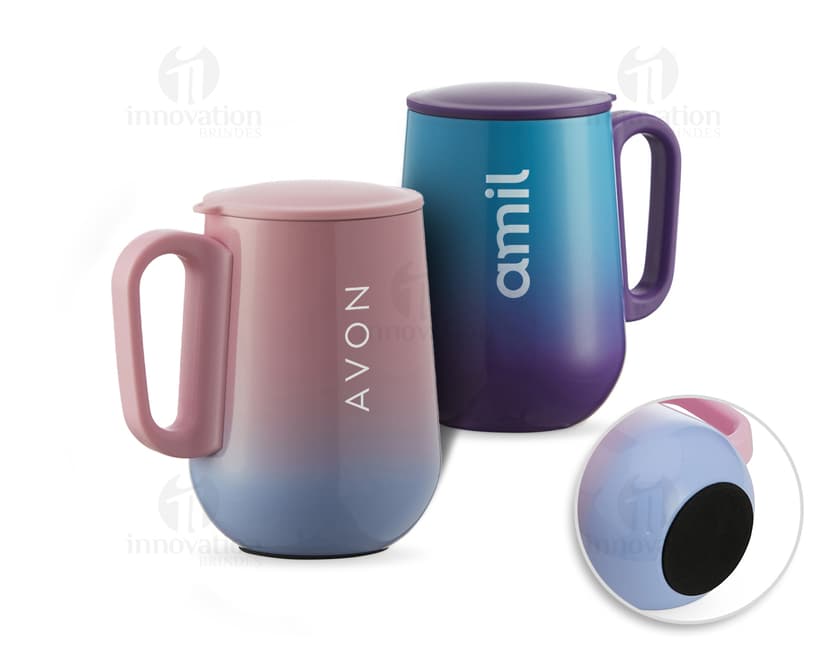 Caneca bicolor de parede dupla com capacidade para 250ml.