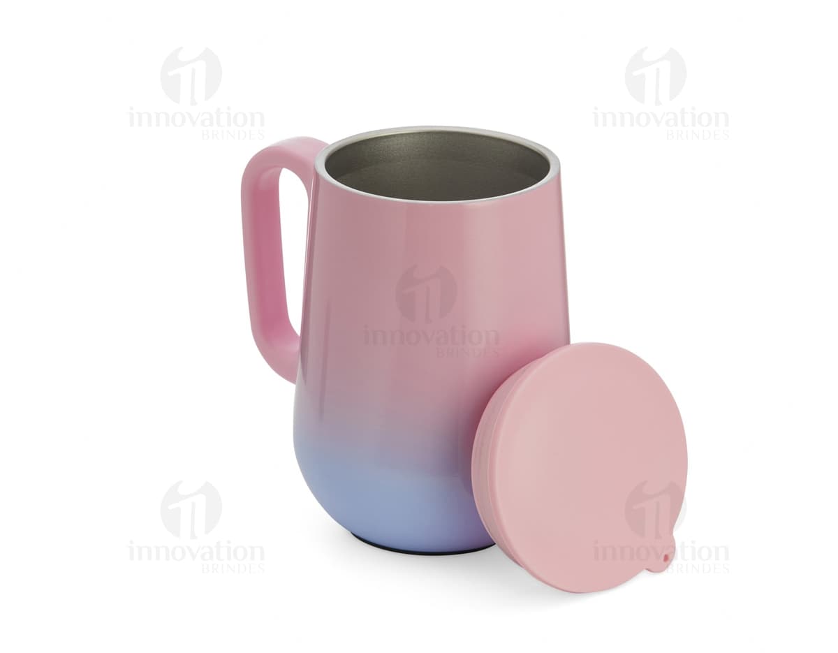 Caneca bicolor de parede dupla com capacidade para 250ml.