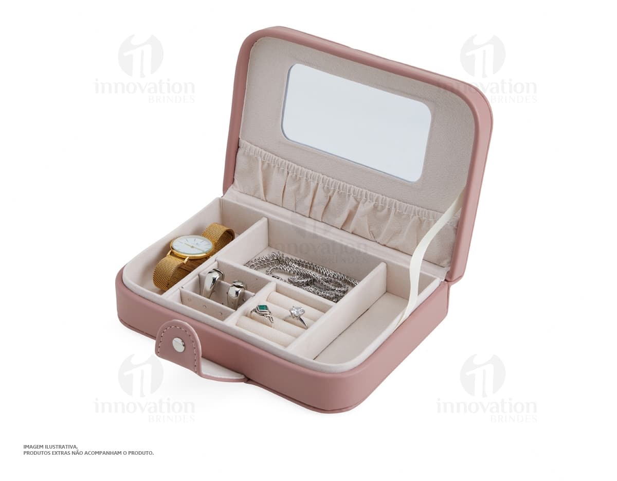 Porta joias com espelho e diversos compartimentos para organizar joias e acessórios. Cor prateada e moderna, ideal para armazenar de forma segura seus pertences de valor.