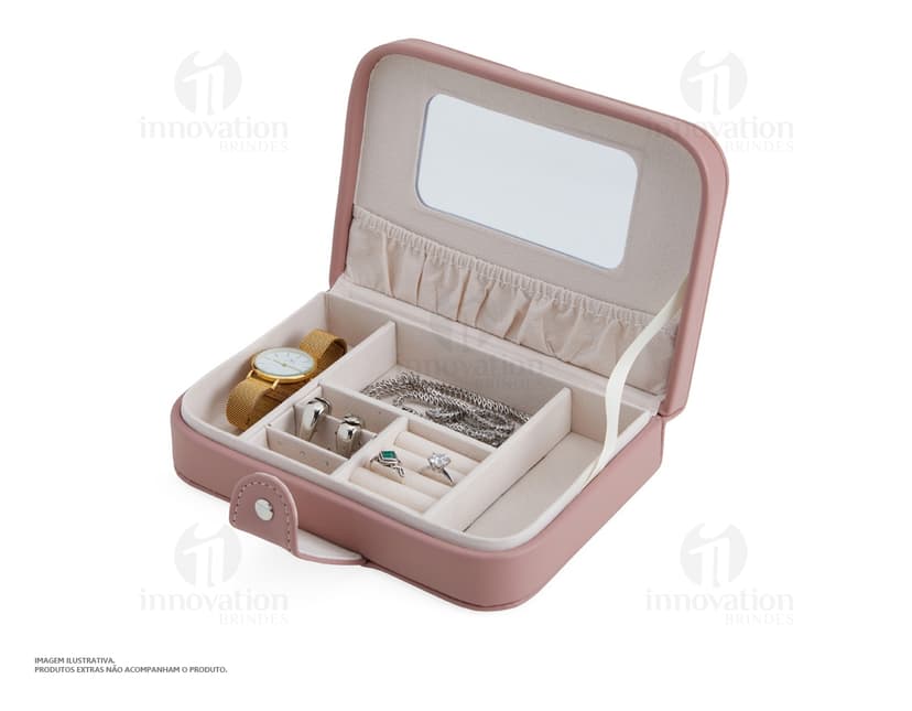 Porta joias com espelho e diversos compartimentos para organizar joias e acessórios. Cor prateada e moderna, ideal para armazenar de forma segura seus pertences de valor.